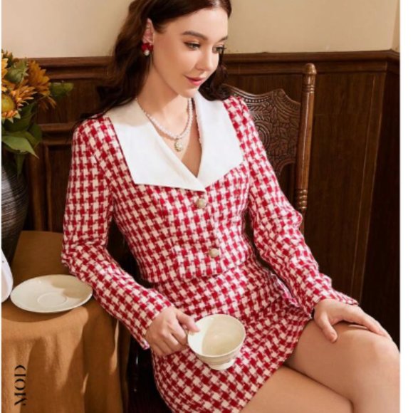 SHEIN MOD HOUNDSTOOTH PRINT CONTRAST COLLAR JACKET & SPLIT HEM SKIRT Suit - Picture 2 of 5